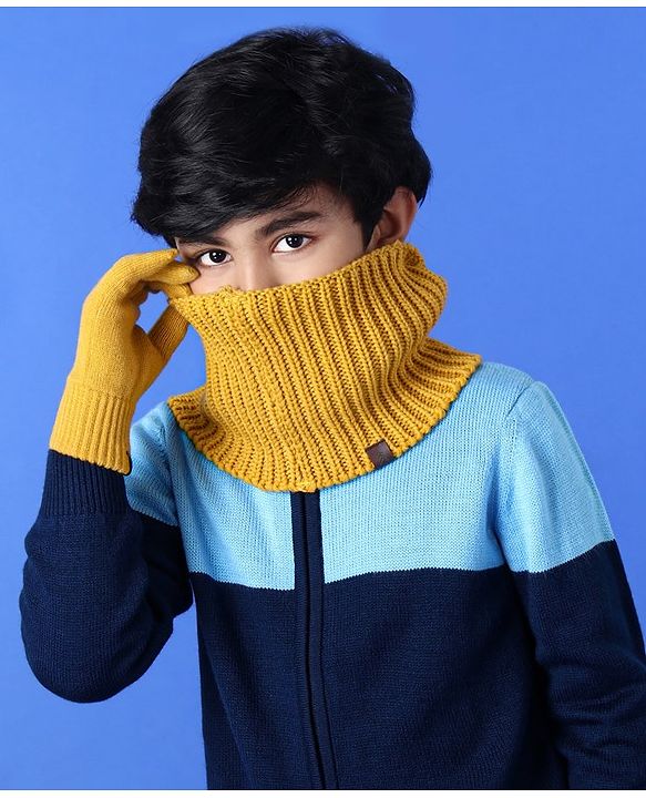 Pine Kids Woollen Cap & Set With Muffler Yellow - 14.5 cm