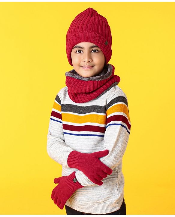 Pine Kids Woollen Cap Gloves Set With Muffler Red - Diameter 13 cm