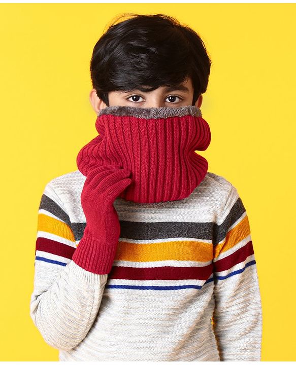 Pine Kids Woollen Cap Gloves Set With Muffler Red - Diameter 13 cm