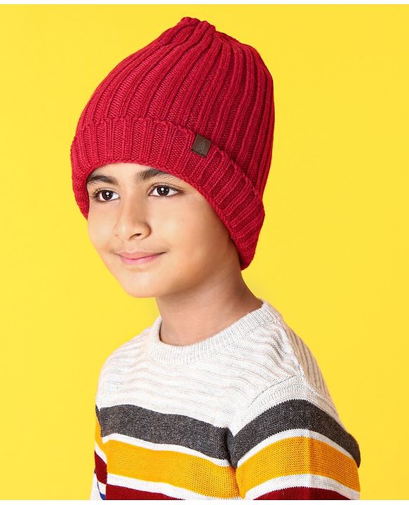 Pine Kids Woollen Cap Gloves Set With Muffler Red - Diameter 13 cm