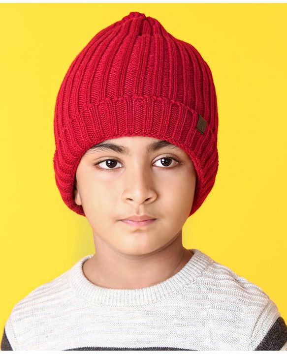 Pine Kids Woollen Cap Gloves Set With Muffler Red - Diameter 13 cm