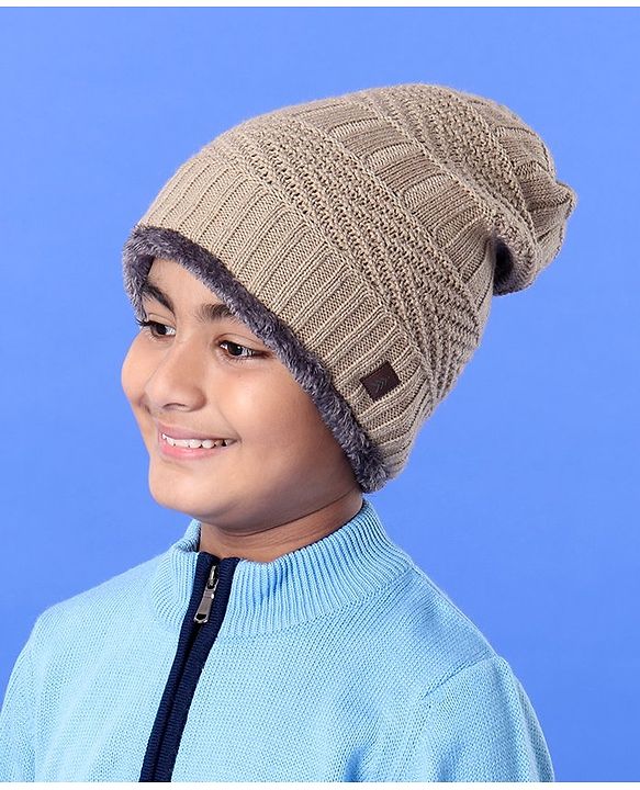 Pine Kids Winter Wear Fur Beanie Cap Gloves and Muffler Set Khaki - Diameter 13 cm