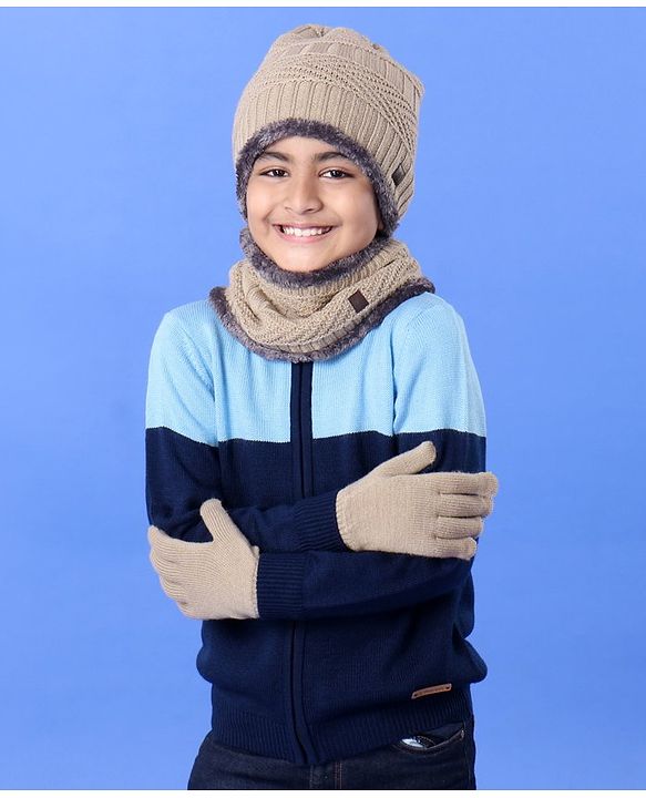 Pine Kids Winter Wear Fur Beanie Cap Gloves and Muffler Set Khaki - Diameter 13 cm