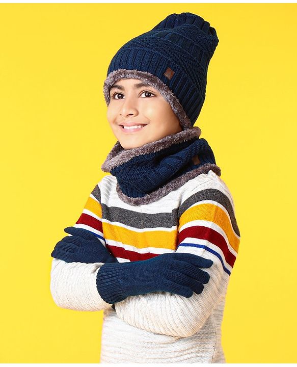 Pine Kids Woollen Cap Gloves & Snood with Fur Blue - Diameter 17 cm