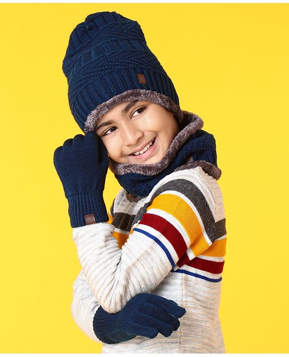 Pine Kids Woollen Cap Gloves & Snood with Fur Blue - Diameter 17 cm