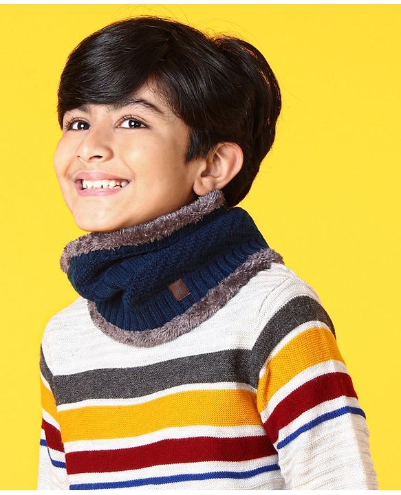 Pine Kids Woollen Cap Gloves & Snood with Fur Blue - Diameter 17 cm