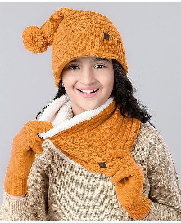 Pine Kids Woollen Cap & Mask With Muffler Yellow - Diameter 46 cm