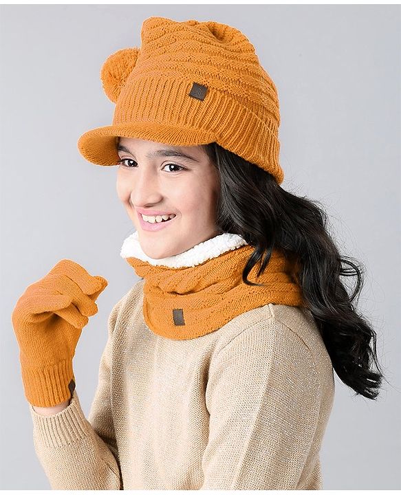 Pine Kids Woollen Cap & Mask With Muffler Yellow - Diameter 46 cm