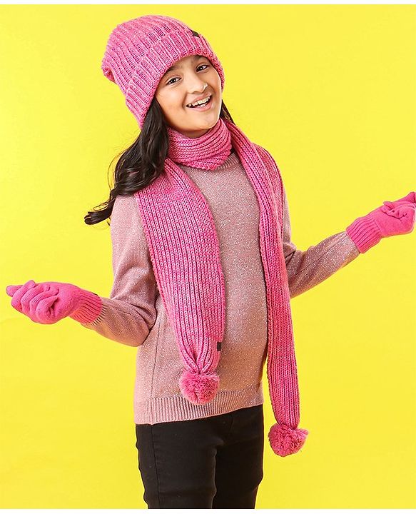 Pine Kids Cap Gloves & Muffler with Pom Pom Solid Color Pink - Diameter 12 cm