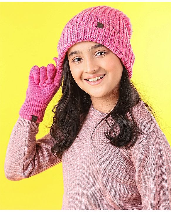 Pine Kids Cap Gloves & Muffler with Pom Pom Solid Color Pink - Diameter 12 cm