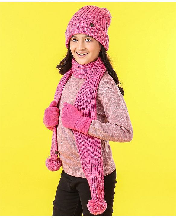 Pine Kids Cap Gloves & Muffler with Pom Pom Solid Color Pink - Diameter 12 cm