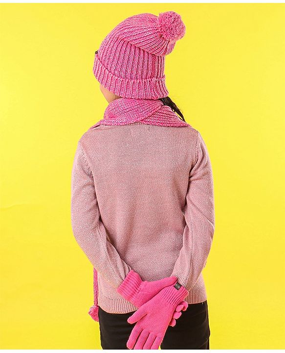 Pine Kids Cap Gloves & Muffler with Pom Pom Solid Color Pink - Diameter 12 cm