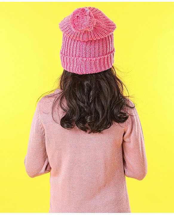 Pine Kids Cap Gloves & Muffler with Pom Pom Solid Color Pink - Diameter 12 cm