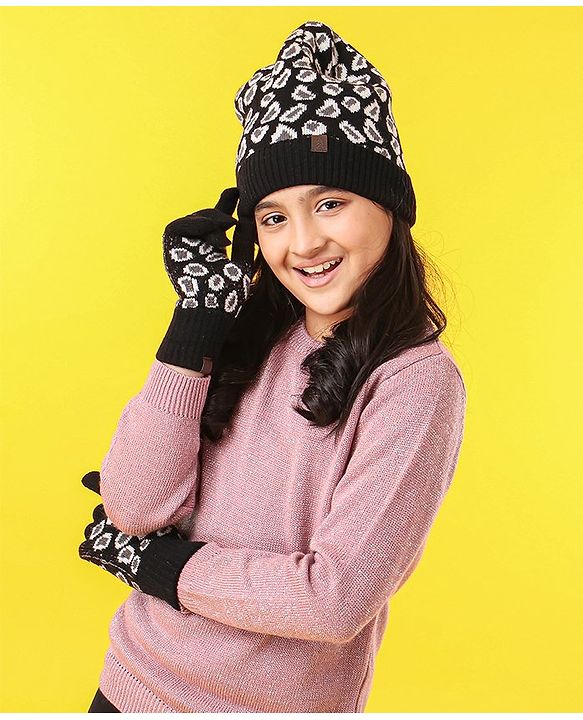 Pine Kids All Over Jacquard with Sherpa Lining Cap Gloves & Snood Pack of 3 - Black
