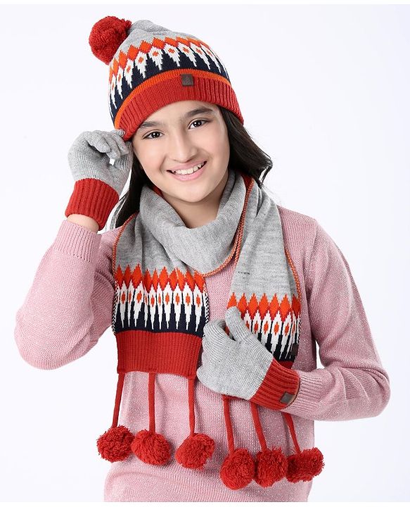 Pine Kids Woollen Cap Gloves Set With Muffler Red - Diameter 18 cm