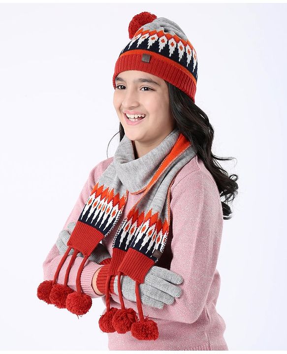 Pine Kids Woollen Cap Gloves Set With Muffler Red - Diameter 18 cm