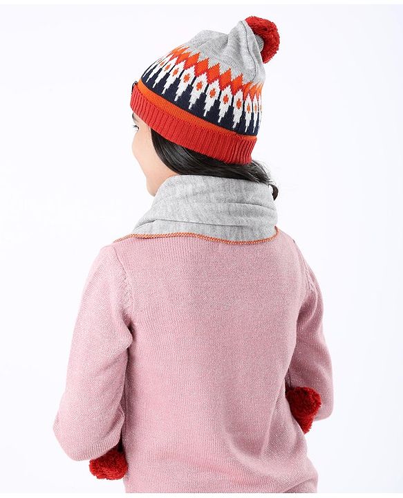 Pine Kids Woollen Cap Gloves Set With Muffler Red - Diameter 18 cm