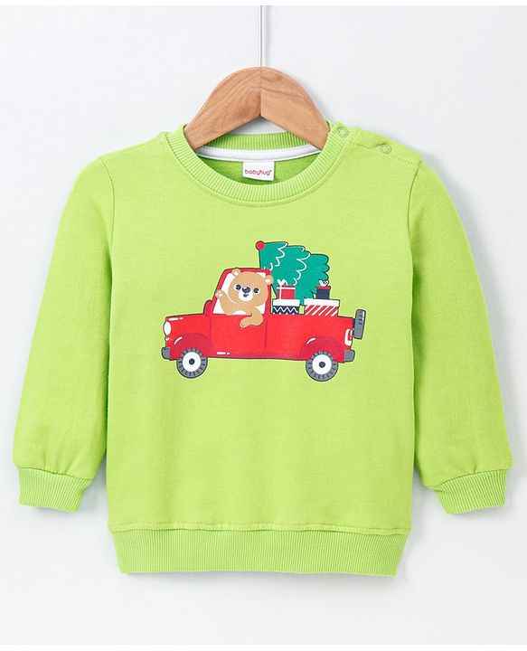 Babyhug Full Sleeves Sweatshirt Car Print - Green