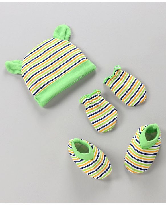 Babyhug 100% Cotton Cap Mittens And Booties Pack Of 3 - Green