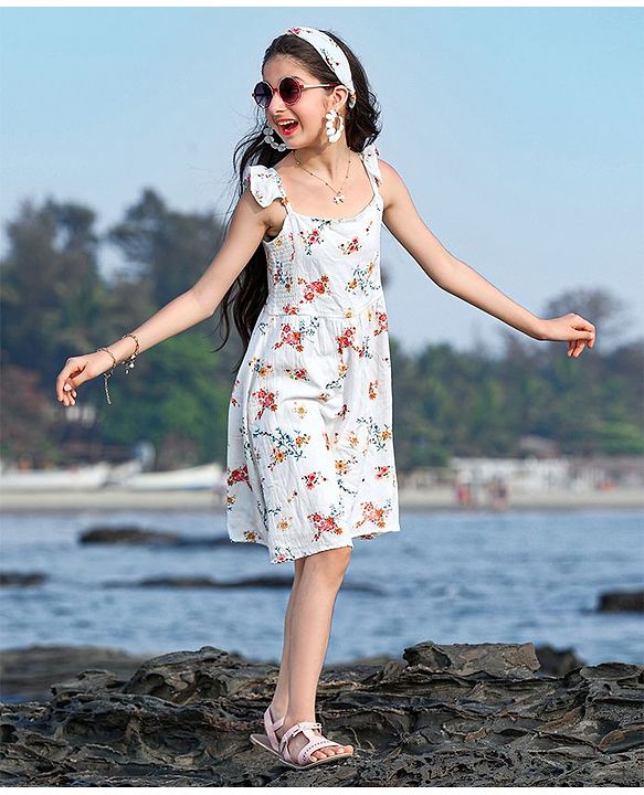 Pine Kids Singlet Sleeves Frock Floral Printed - White