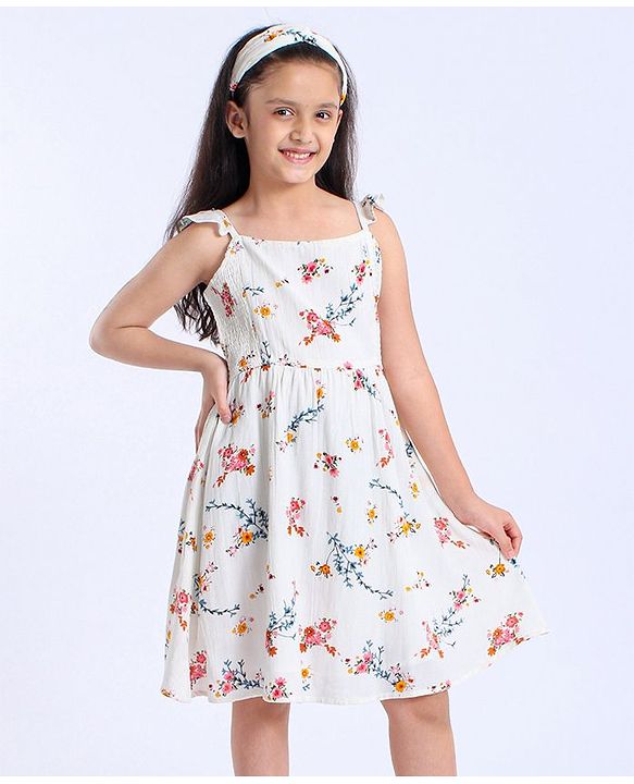 Pine Kids Singlet Sleeves Frock Floral Printed - White