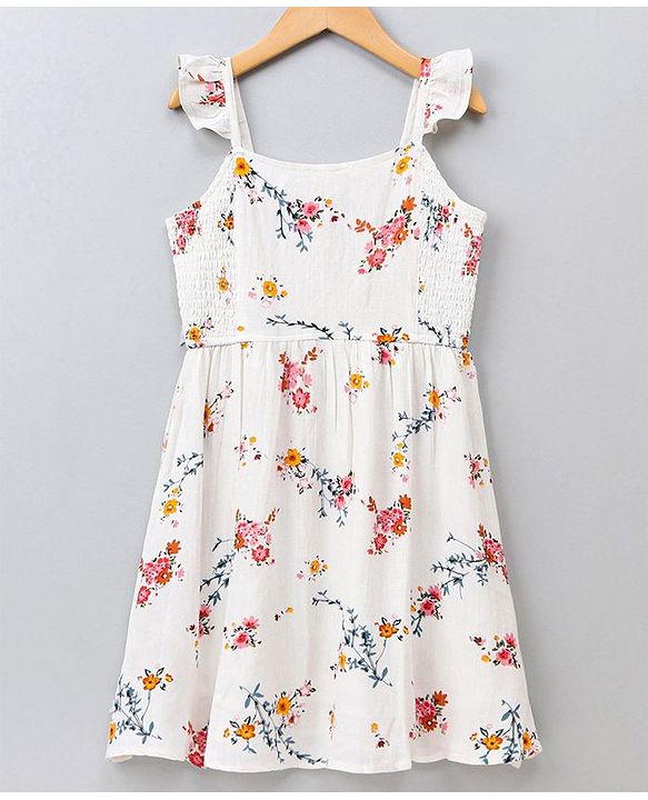 Pine Kids Singlet Sleeves Frock Floral Printed - White