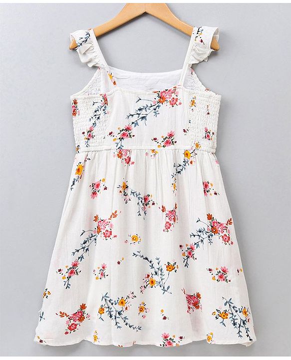 Pine Kids Singlet Sleeves Frock Floral Printed - White