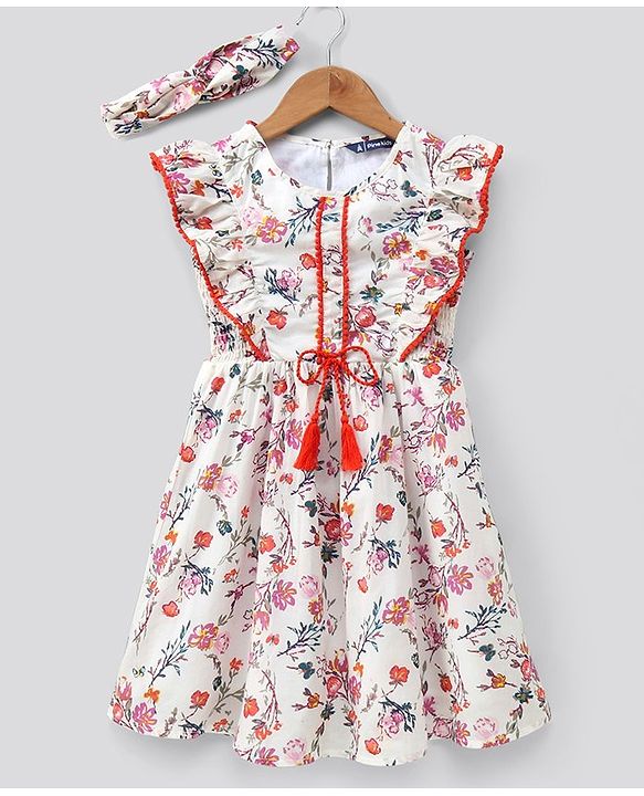 Pine Kids Frill Sleeves Frock & Headband Floral Print - Off White