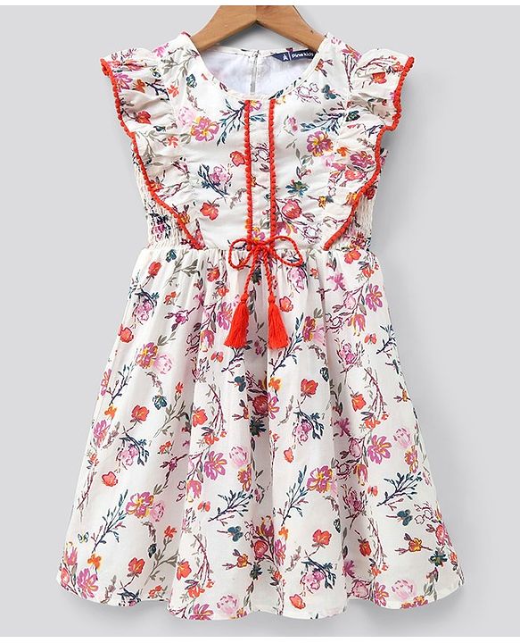 Pine Kids Frill Sleeves Frock & Headband Floral Print - Off White
