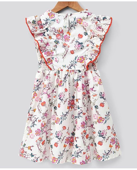 Pine Kids Frill Sleeves Frock & Headband Floral Print - Off White