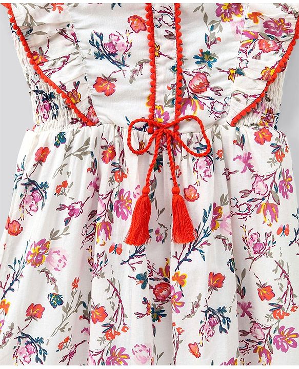 Pine Kids Frill Sleeves Frock & Headband Floral Print - Off White