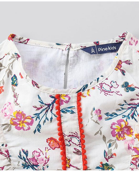 Pine Kids Frill Sleeves Frock & Headband Floral Print - Off White