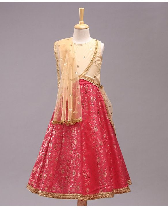 Babyhug Sleeveless Glitter Printed Choli with Lehenga & Dupatta Set - Pink Beige