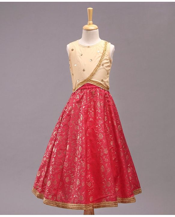 Babyhug Sleeveless Glitter Printed Choli with Lehenga & Dupatta Set - Pink Beige