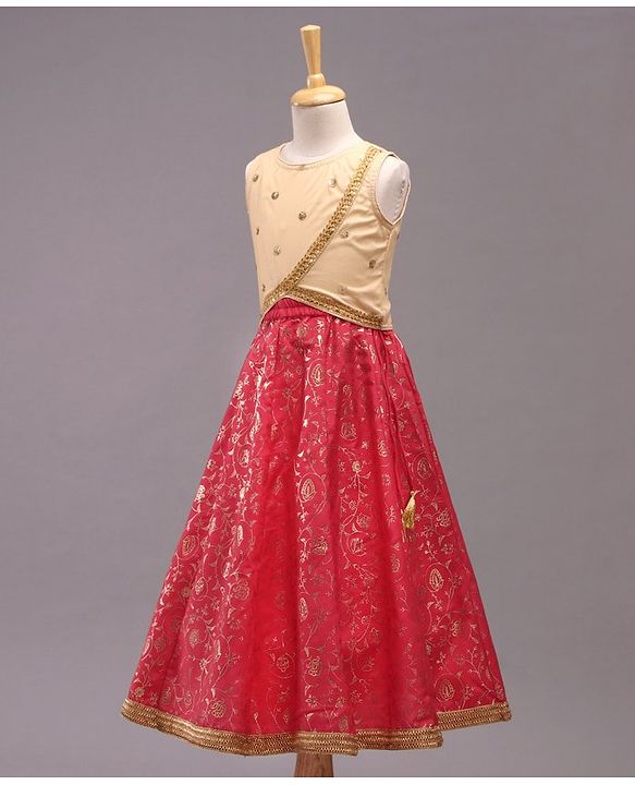 Babyhug Sleeveless Glitter Printed Choli with Lehenga & Dupatta Set - Pink Beige