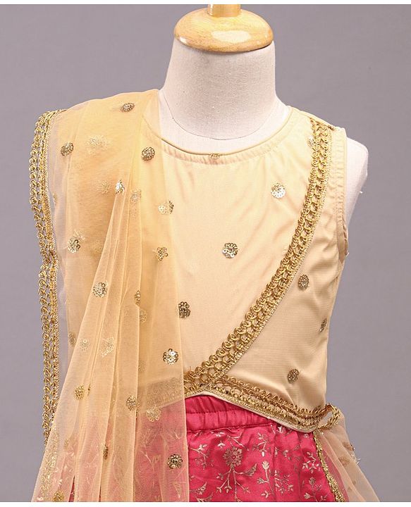 Babyhug Sleeveless Glitter Printed Choli with Lehenga & Dupatta Set - Pink Beige