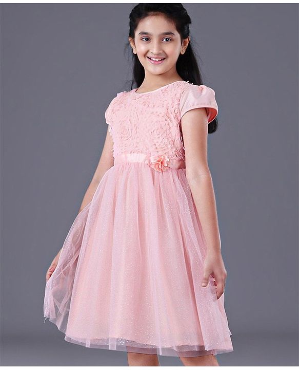 Pine Kids Half Sleeves Frock With Foil Print On Mesh & Cotton Lining - Peach