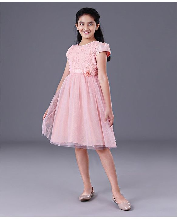 Pine Kids Half Sleeves Frock With Foil Print On Mesh & Cotton Lining - Peach