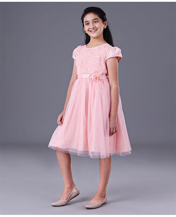 Pine Kids Half Sleeves Frock With Foil Print On Mesh & Cotton Lining - Peach