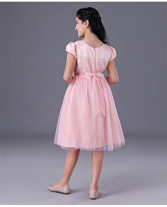 Pine Kids Half Sleeves Frock With Foil Print On Mesh & Cotton Lining - Peach