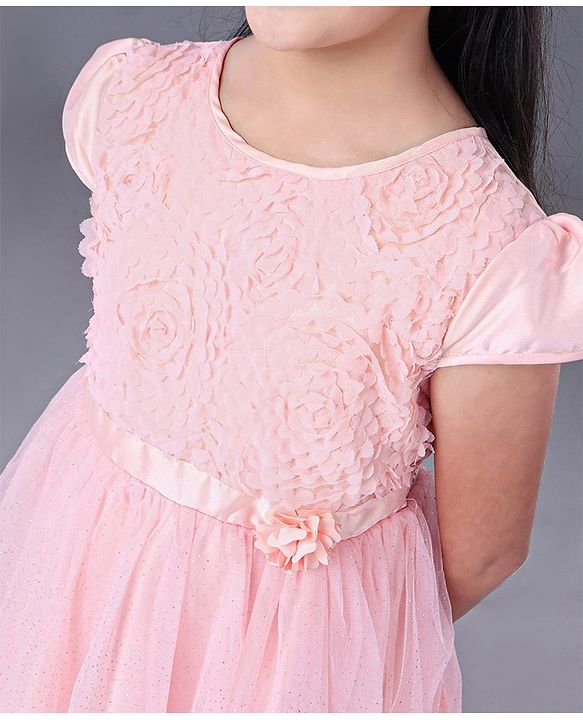 Pine Kids Half Sleeves Frock With Foil Print On Mesh & Cotton Lining - Peach