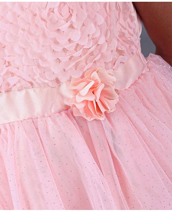 Pine Kids Half Sleeves Frock With Foil Print On Mesh & Cotton Lining - Peach