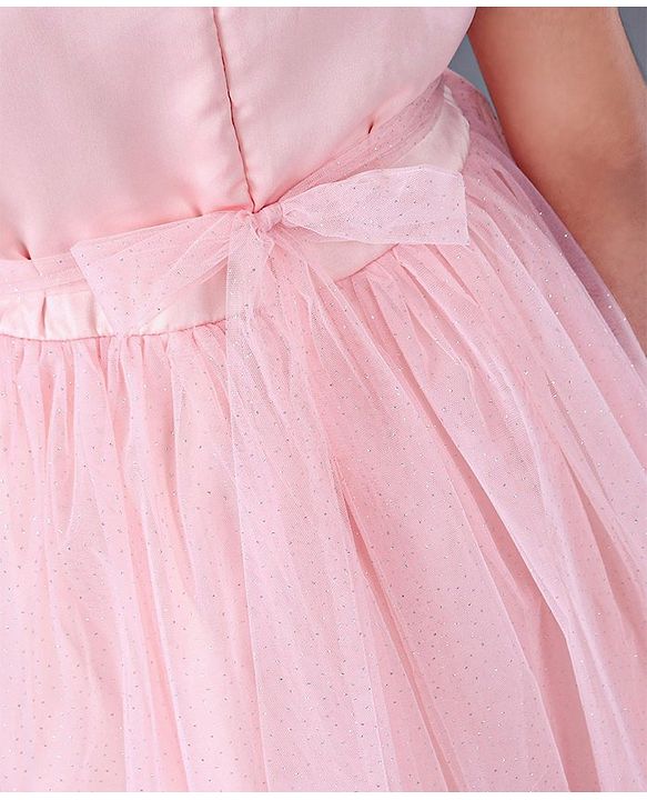 Pine Kids Half Sleeves Frock With Foil Print On Mesh & Cotton Lining - Peach