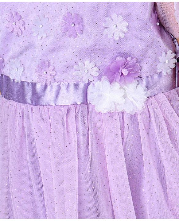 Pine Kids Party Dress with Foil Print on Mesh and Cotton Lining Embellished with Flowers Applique - Orchid Bouquet