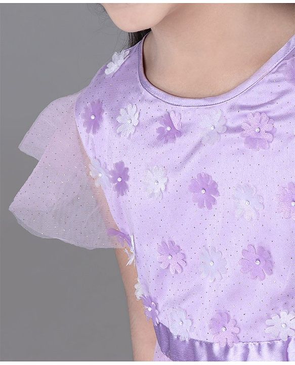 Pine Kids Party Dress with Foil Print on Mesh and Cotton Lining Embellished with Flowers Applique - Orchid Bouquet