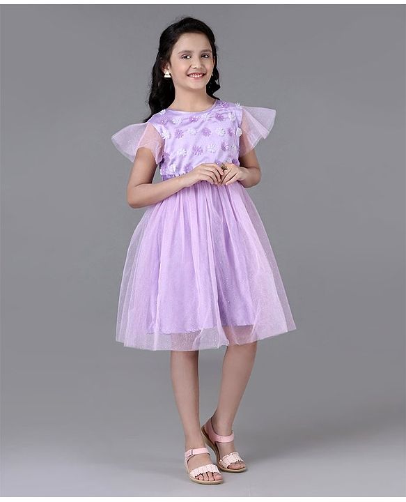 Pine Kids Party Dress with Foil Print on Mesh and Cotton Lining Embellished with Flowers Applique - Orchid Bouquet
