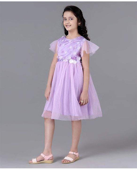 Pine Kids Party Dress with Foil Print on Mesh and Cotton Lining Embellished with Flowers Applique - Orchid Bouquet