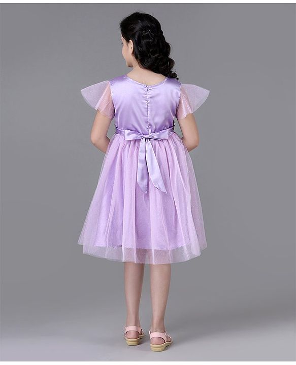 Pine Kids Party Dress with Foil Print on Mesh and Cotton Lining Embellished with Flowers Applique - Orchid Bouquet