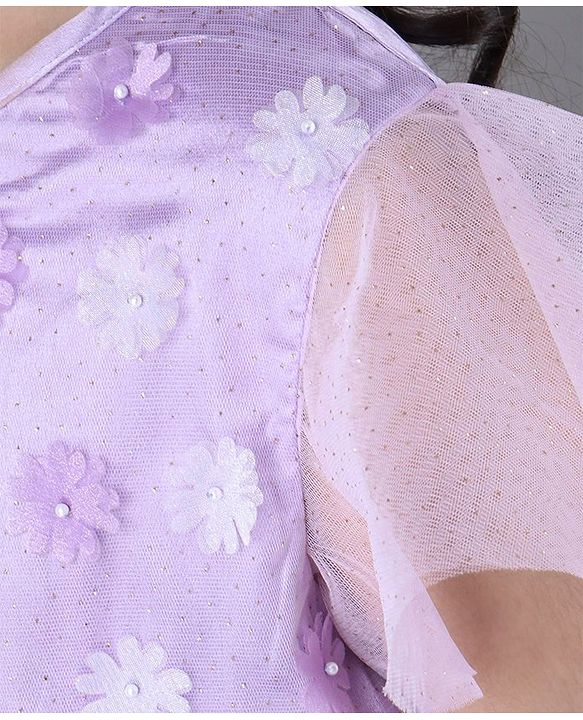 Pine Kids Party Dress with Foil Print on Mesh and Cotton Lining Embellished with Flowers Applique - Orchid Bouquet