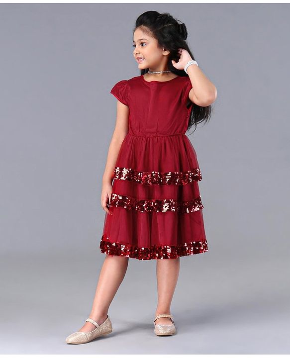 Pine Kids Cap Sleeves Frock With Cotton Lining Sequin Detailing - Red